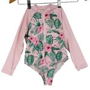 Girls Pink Tropical Hibiscus Long Sleeve Rash Guard One Piece Swimsuit Size 7/8